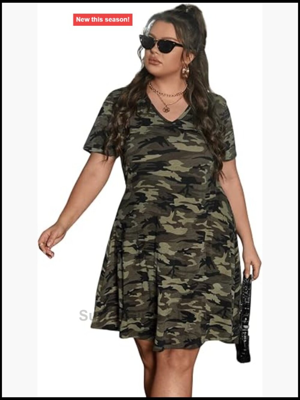 Plus Size Camo Print V Neck Short Sleeve Casual T Shirt Dress